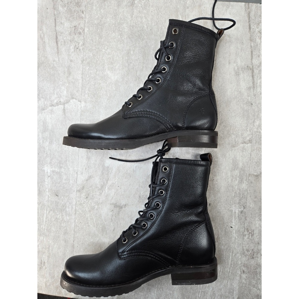 Frye Veronica Combat Ankle Boots 6.5 Black Leather Lace Up Moto Military Booties - Picture 7 of 11
